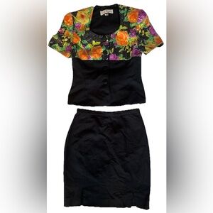 Vintage A.J.Bari Suit Set, Mini Skirt, Short Sleeve Sequin Jacket Floral 1980’s